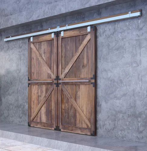DIYHD Kit de herrajes de riel tipo caja de acero galvanizado de 12 pies para puerta corredera doble de granero exterior, montaje en pared de Kit de