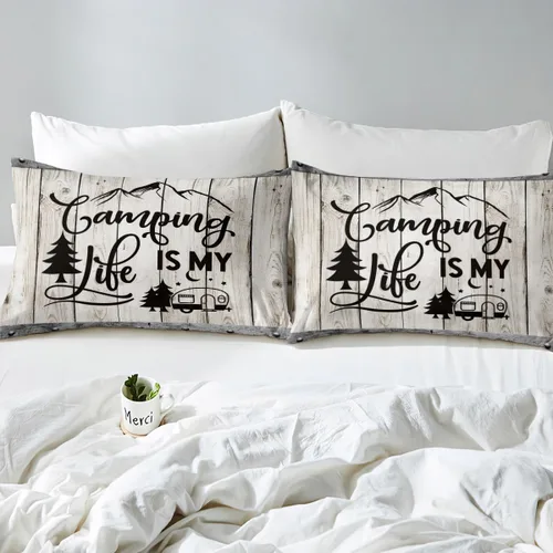 Miniatura 4 de Manfei Happy Camping - Sábana bajera ajustable tamaño individual, funda de cama de caravana con 1 funda de almohada, juego de ropa de cama de madera