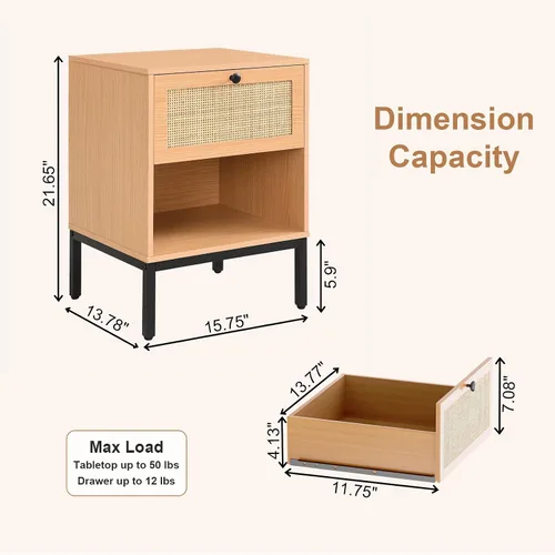 Miniatura 3 de XIAO WEI Juego de 2 mesitas de noche de ratán natural, mesita de noche bohemia con cajón y estante abierto, mesa auxiliar de caña decorativa