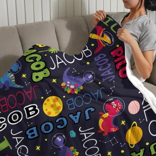 Miniatura 3 de YESCUSTOM Manta de dinosaurio para niños y niñas, manta personalizada de vellón con nombre para decoración de dormitorio de niños, sofá, coches