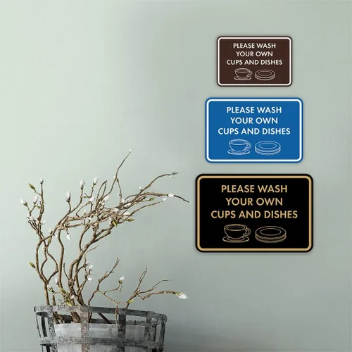 Miniatura 2 de Letrero clásico enmarcado con texto en inglés «Please Wash Your Own Cups and Dishes» (oro cepillado), pequeño