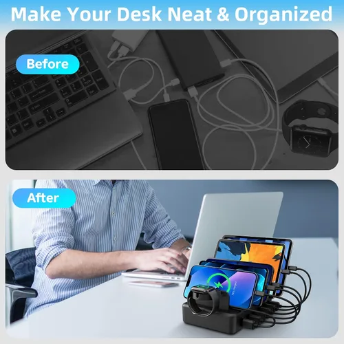 Miniatura 2 de Estación de Carga para Múltiples Dispositivos, CREATIVE DESIGN Estación de Carga USB 50W de 6 Puertos con Soporte para Apple Watch y 6 Cables