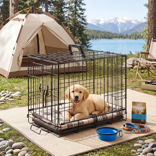 Miniatura 12 de Sweetcrispy Jaula para perros, jaula plegable de alambre de metal de doble puerta de 42 pulgadas con bandeja de plástico a prueba de fugas, perrera