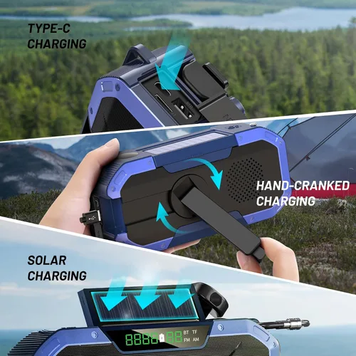 Miniatura 6 de Radio solar de emergencia con manivela Bluetooth, impermeable, portátil, NOAA, meteorológica, radio AM FM, cargador de teléfono, linterna de viento