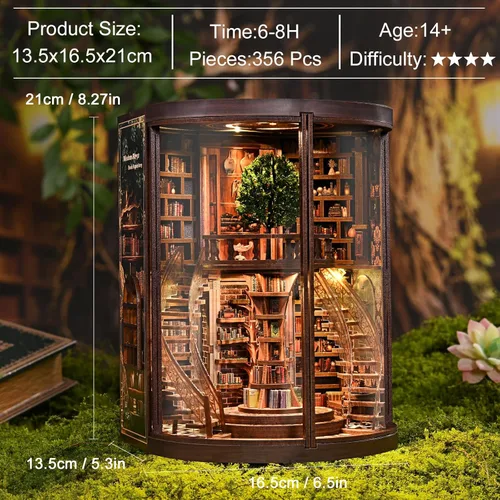 Miniatura 4 de Kit de rincón de libros en miniatura, rompecabezas de madera 3D, decoración de estantería de biblioteca con luces LED, modelo de casa pequeña