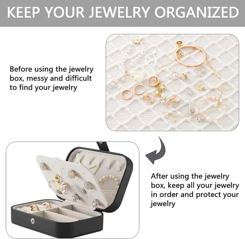 Miniatura 5 de Oyydecor Joyero portátil pequeño de 2 capas organizador de joyas de viaje de piel sintética para anillos collares aretes pulseras regalo de San