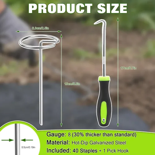 Miniatura 2 de Grapas de jardín resistentes de 6 pulgadas, paquete de 40 estacas de acero galvanizado de calibre 8 con parte superior circular, grapas
