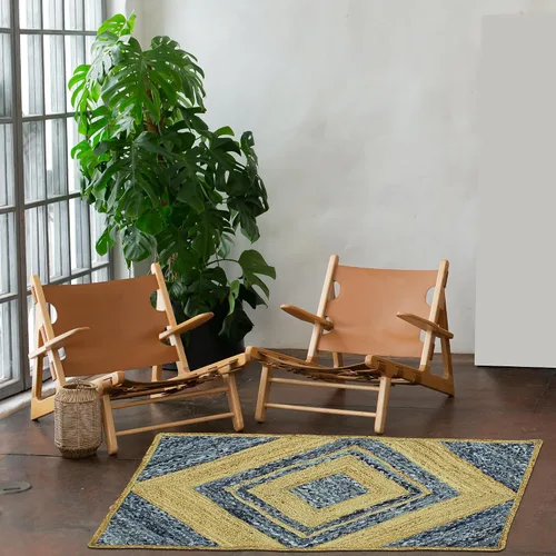 Miniatura 5 de Collection - Alfombra rectangular de 2 x 3 pies, alfombra trenzada azul de algodón y yute, alfombra geométrica kilim para interiores y exteriores