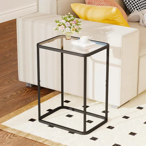 Miniatura 4 de Garden 4 you Mesa auxiliar de cristal, mesa auxiliar rectangular con marco de metal, moderna mesita de noche para oficina, dormitorio, sala de Negro