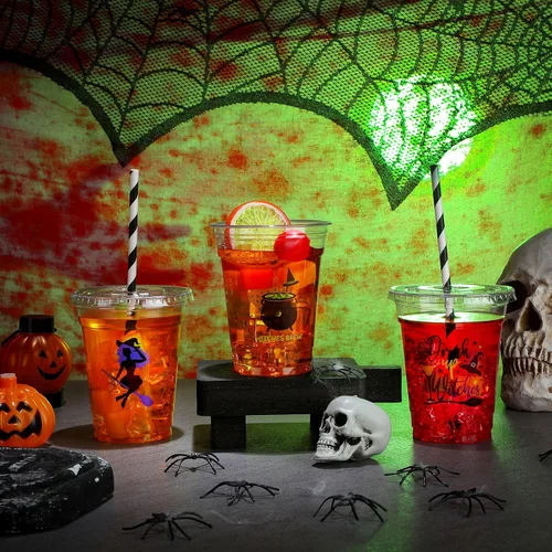 Miniatura 7 de Bokon Juego de 100 tazas de Halloween de 12 onzas con temática de bruja, vasos desechables con tapas y pajitas de papel, suministros de fiesta