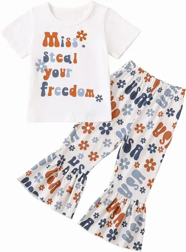 Miniatura 44 de Eadrioss Ropa para bebé niña pequeña, traje de campana de manga corta, camisa de flores para niños, pantalones florales acampanados, ropa de verano