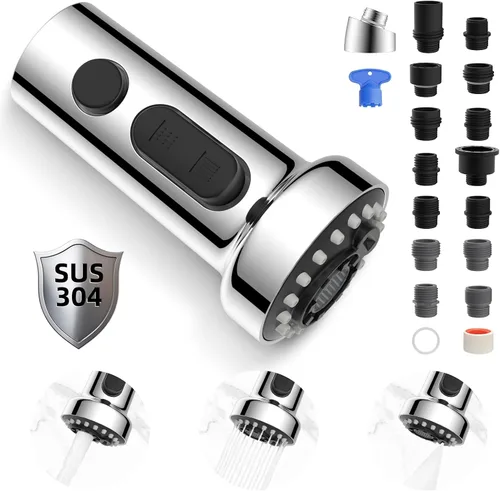 Miniatura 8 de Hibbent Reemplazo de cabezal de grifo de cocina extraíble, boquilla de cabezal rociador de grifo de fregadero de 3 funciones con 15 adaptadores