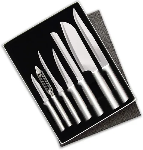 Cubiertos Rada - Juego de 7 cuchillos de regalo para principiantes (S38), hojas huecas de acero inoxidable, mangos plateados, fabricado en EE. UU