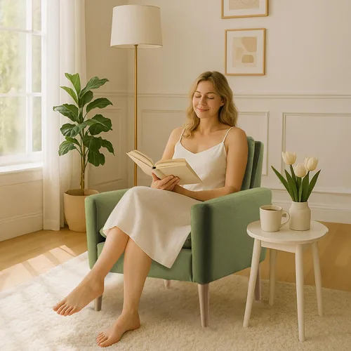 Miniatura 5 de Silla de Acento de Mediados de Siglo, Sillón Tapizado de Lino Verde para Sala de Estar o Dormitorio, Cómoda Silla de Sofá Moderna para Habitación