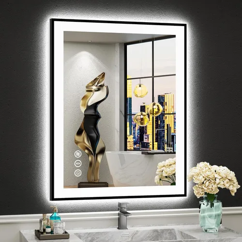Miniatura 35 de 30x36 Espejo de baño LED con luces, retroiluminado y luz frontal, espejo de tocador iluminado antivaho para pared de baño, 3 colores, regulable