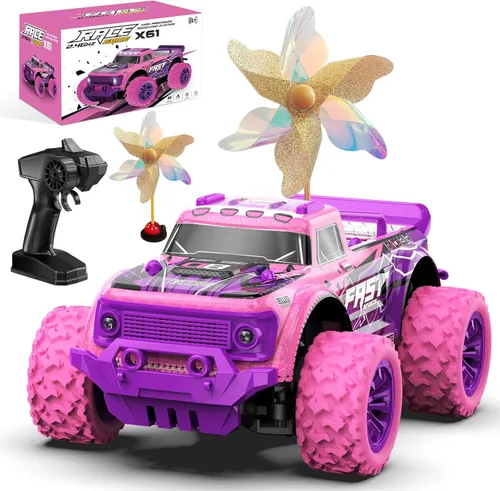 Coche de Control Remoto para Niñas: Camión RC Rosa Púrpura a Escala 1:20 con Luz LED y Molinos de Viento DIY - Camiones RC Todo Terreno de 20 Km/h,