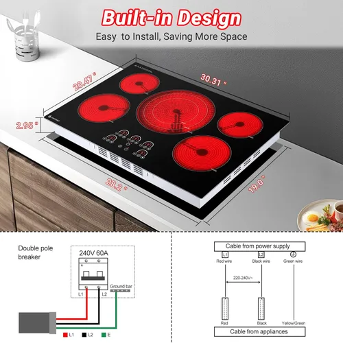 Miniatura 7 de AMZCHEF - Estufa eléctrica de 30 pulgadas, 5 quemadores integrados, estufa eléctrica de superficie de vidrio cerámico de hasta 9000W con control