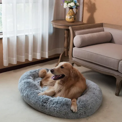 Miniatura 6 de Coohom Cama Ovalada Calmante Tipo Dona Abrazadora para Perros, Cama de Pelo Sintético Afelpado para Gatos Lavable Almohada Redonda para Mascotas Gris