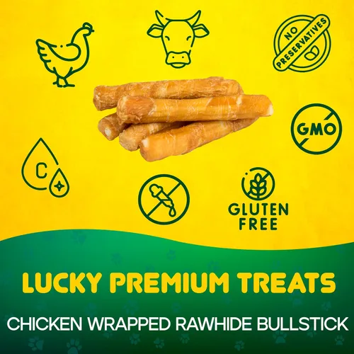 Miniatura 2 de Lucky Premium Treats Golosinas envueltas en pollo para perros, Bull Stick, piel cruda hecha en Estados Unidos para perros extra grandes, golosinas