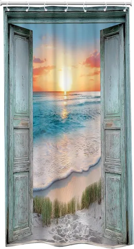 Miniatura 7 de Riyidecor Cortina de ducha para puerta de granero verde azulado para decoración de baño, 36 pulgadas de ancho x 72 pulgadas de alto, paisaje