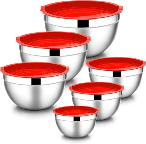 Miniatura 19 de E-far Tazones para mezclar con tapas, juego de 6 piezas de tazones para ensalada de acero inoxidable, tazones de metal anidables para hornear, Azul