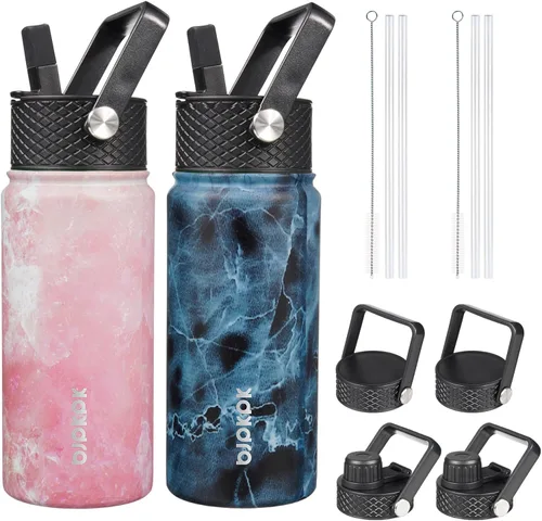 Miniatura 14 de BJPKPK Paquete de 2 botellas de agua aisladas con tapas con pajita, botella de agua de metal de acero inoxidable de 18oz con 6 tapas, jarras a
