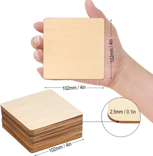 Miniatura 2 de 200 cuadrados de madera sin terminar, azulejos cuadrados de madera natural de 4 x 4 pulgadas para manualidades, pintura, tallado y decoración