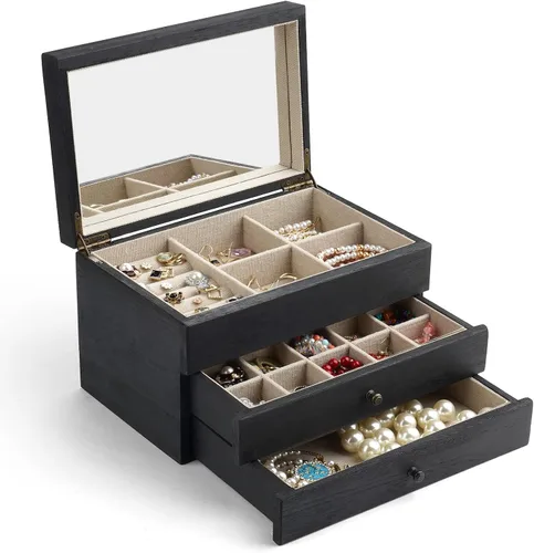 Meangood Caja Organizadora de Joyería para Mujeres, Estuche de Almacenamiento de Joyería de 3 Capas Grande, Caja de Joyería de Madera Rústica con