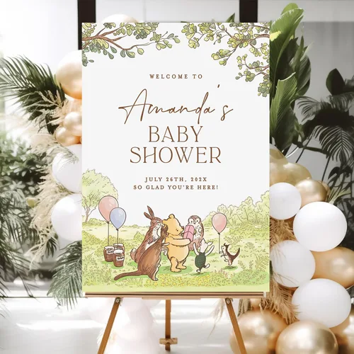 Letrero personalizado para baby shower de oso Pooh, diseño clásico de vegetación personalizada, letrero de bienvenida para patio de baby shower,
