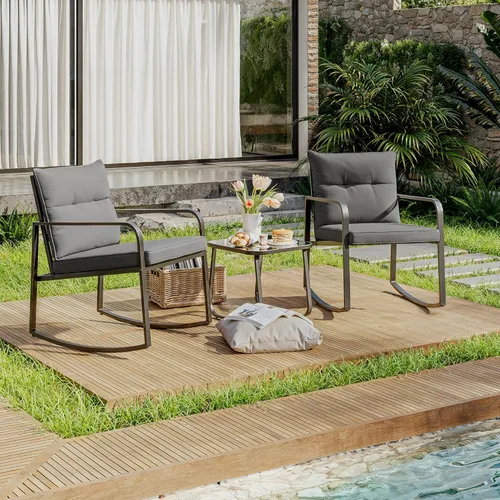Miniatura 7 de Gizoon Juego de 3 piezas de muebles de patio de acero negro, juego de conversación de sillas de porche con mesa de café de cristal, cojín de Cojín