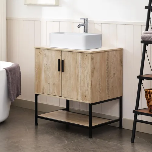 Miniatura 5 de UEV Mueble de baño de roble rústico de 30 pulgadas con fregadero, marco de hierro industrial con puertas y estante, con moderno combo de fregadero