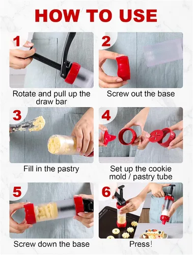 Miniatura 8 de Juego de prensa para galletas, máquina para hacer churros con 12 moldes y 10 puntas para decorar pasteles, prensa para galletas y churros, rojo