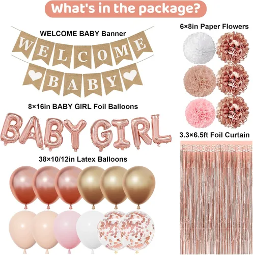 Miniatura 3 de Ouddy Party Decoraciones de Baby Shower Oro Rosa para Niña con Pancarta Welcome Baby Niñas Bebés Globos de Papel de Aluminio Oro Rosa Rosa Dorado