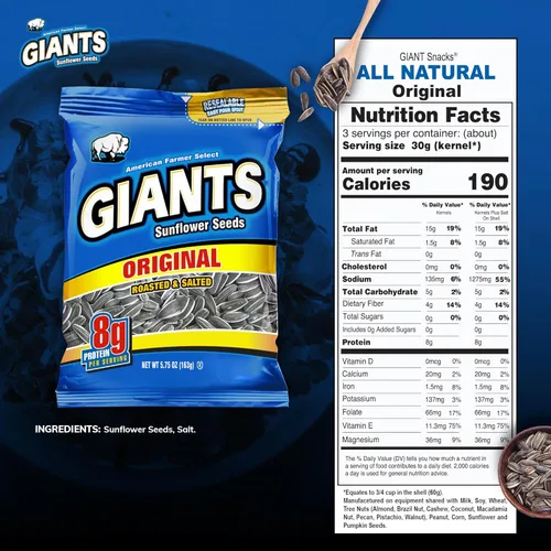 Miniatura 2 de GIANTS - Semillas de girasol originales, a granel, ligeramente saladas para comer, aperitivo alto en proteínas con 0.28 oz de proteína por porción
