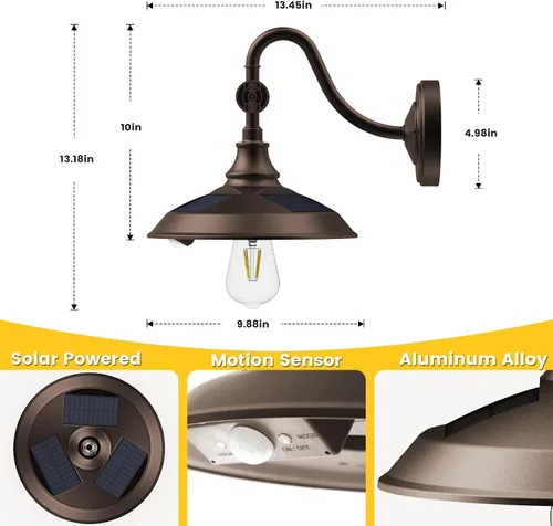 Miniatura 4 de SIEDiNLAR Luz solar de granero para exteriores con 3 modos, luz de granero vintage de aluminio con cuello de cisne para pared, sensor de movimiento