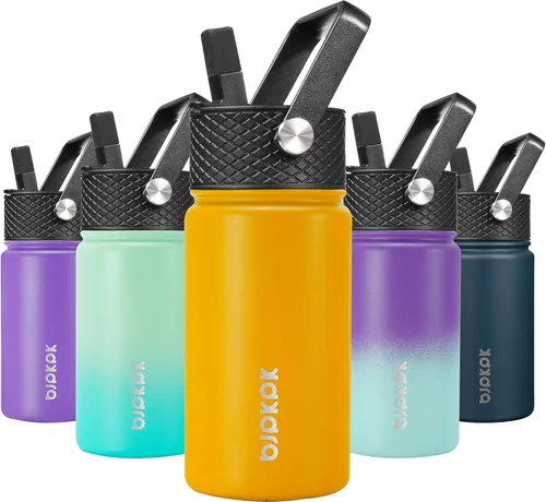 Miniatura 57 de BJPKPK Botella de agua aislada con tapa con pajilla, bonitas botellas de agua de 15 onzas, termo de metal de acero inoxidable, vasos reutilizables