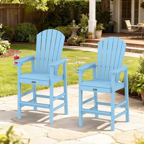Miniatura 8 de VINGLI Silla Adirondack alta, silla Adirondack de plástico para todo tipo de clima con portavasos, taburetes de bar resistentes para exteriores, Azul