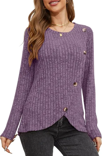 Miniatura 2 de DouBCQ Blusa casual de manga larga para mujer, con botones de moda, dobladillo lateral de tulipán