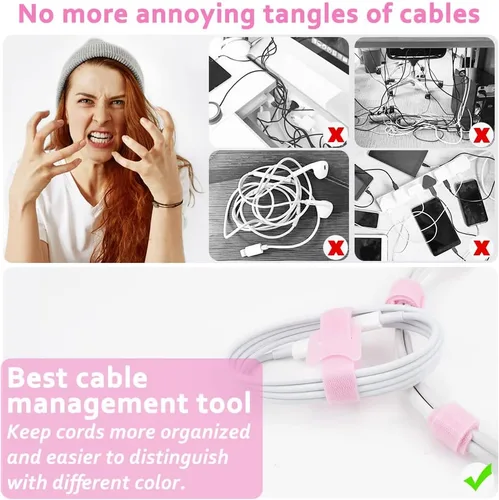 Miniatura 2 de 70 bridas de cables reutilizables color rosa, para organizar cables, reutilizables, para electrónica, de gancho y bucle para computadora, de 4, 6, 8