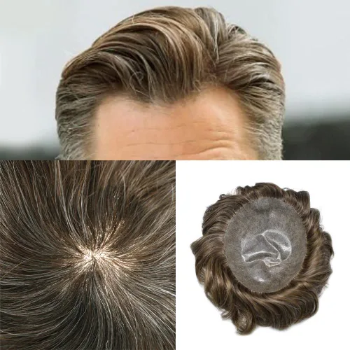 Miniatura 29 de Toupee para hombres pieza de pelo suave poli piel real sistema de cabello humano para hombre tupé durable PU piezas de pelo para hombres reemplazo