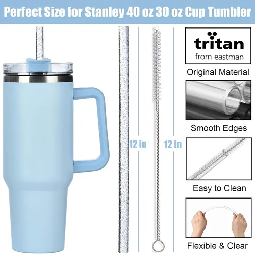 Miniatura 2 de ALINK Pajitas reutilizables con purpurina para vaso Stanley de 40 onzas y 30 onzas, popotes de plástico duro de 12 pulgadas de largo, popote