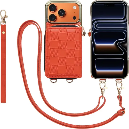 Miniatura 35 de Funda tipo cartera para iPhone 15 de 6.1 pulgadas, bolso cruzado con cremallera y correa para la muñeca con cordón para mujer, tarjetero con bloqueo