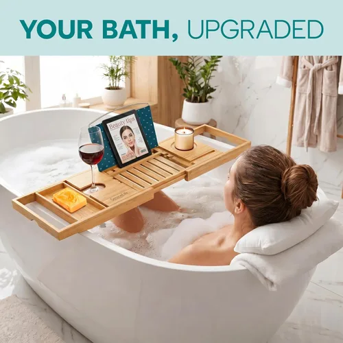 Miniatura 5 de SereneLife SLBCAD20 - Bandeja de bambú de lujo para bañera, organizador ajustable de madera natural para bañera con soporte para vino, colocación