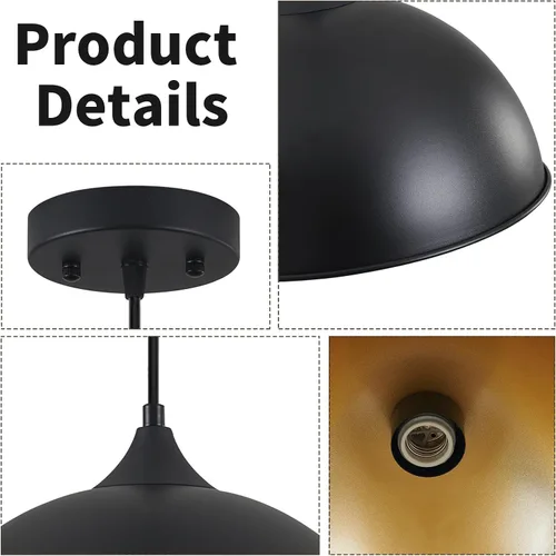 Miniatura 3 de Luces Colgantes Isla de Cocina, 12" Lámpara Colgante de Cúpula Negra y Dorada Vintage Industrial Luminarias Colgantes para Casa de Campo Comedor