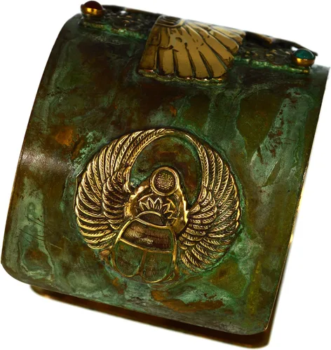 Miniatura 3 de Elaine Coyne Collectible Artwear Patina Brass - Pulsera ancha con diseño de escarabajo egipcio, cornalina, ónix azul marino, turquesa, Latón