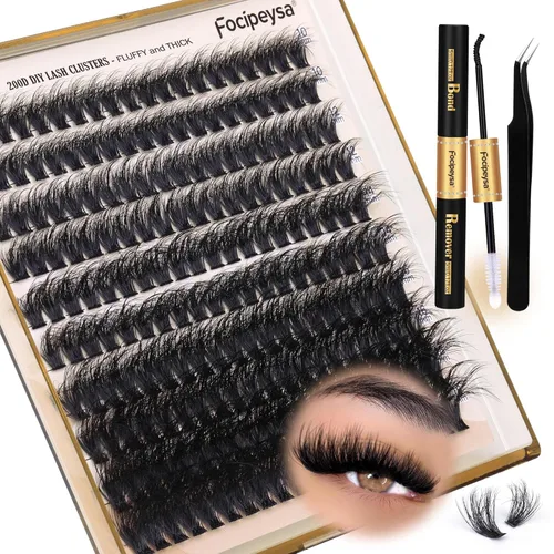 Kit de extensión de pestañas Focipeysa, kit de extensión de pestañas gruesas, racimos de pestañas de volumen esponjoso de 10-18 mm, 200D pestañas