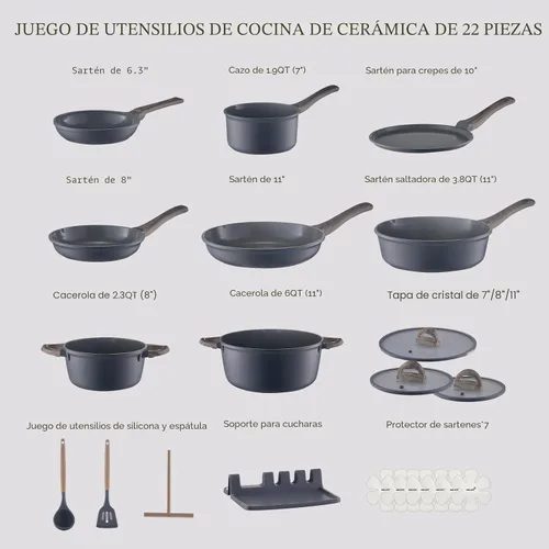 Miniatura 2 de USELUCK Juego de 22 ollas y sartenes antiadherentes, no tóxicos, de cerámica, juego de ollas y sartenes antiadherentes con tapa, granito gris