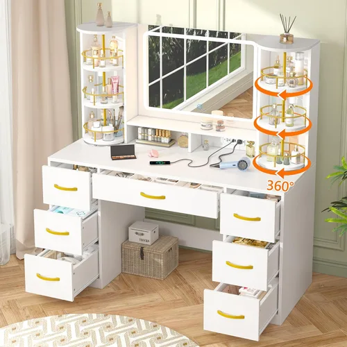 Miniatura 11 de Escritorio de tocador con espejo y luces, mesa de tocador de maquillaje blanca con estación de carga, escritorio grande con 6 cajones y 2 gabinetes