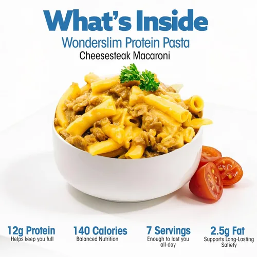 Miniatura 4 de WonderSlim Pasta de Proteína, Macarrones con Queso y Filete, 140 Calorías, 12g de Proteína (7 unidades)