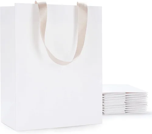 Miniatura 18 de Bolsas de regalo blancas con asas, 10 bolsas pequeñas de papel blanco de 5.25 x 3.75 x 8 pulgadas con asas de cinta, bolsa de compras de papel kraft